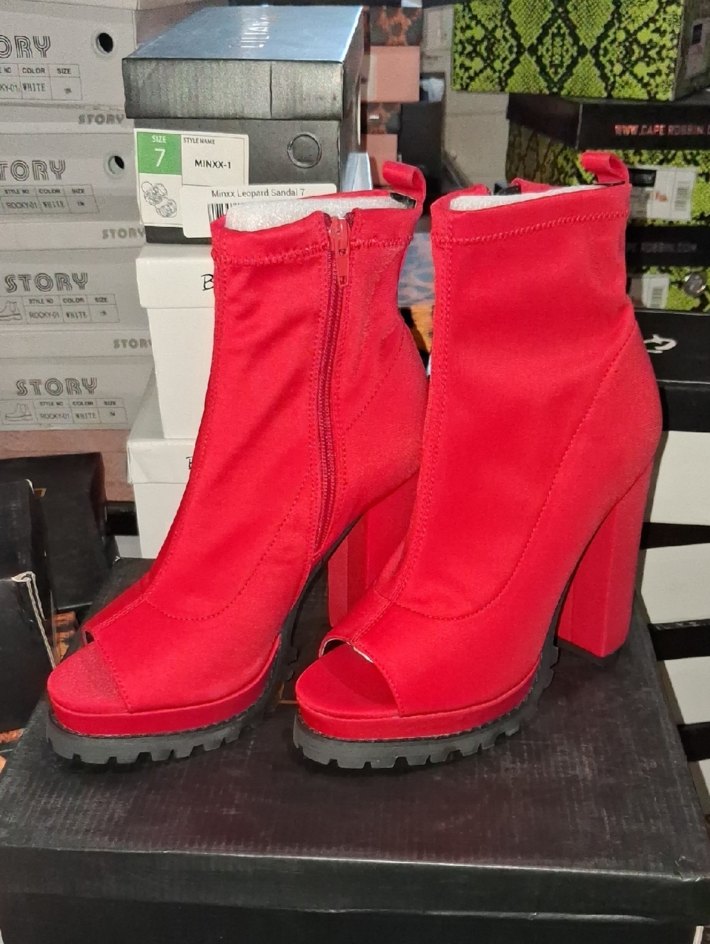 Liliana Red Peep-Toe Block Heel Ankle Boots